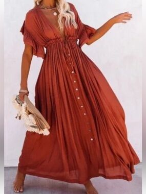 FLAWLESS Rust Maxi Dress V-Neck Ruffle Sleeves Gathered Waistline Button Front L